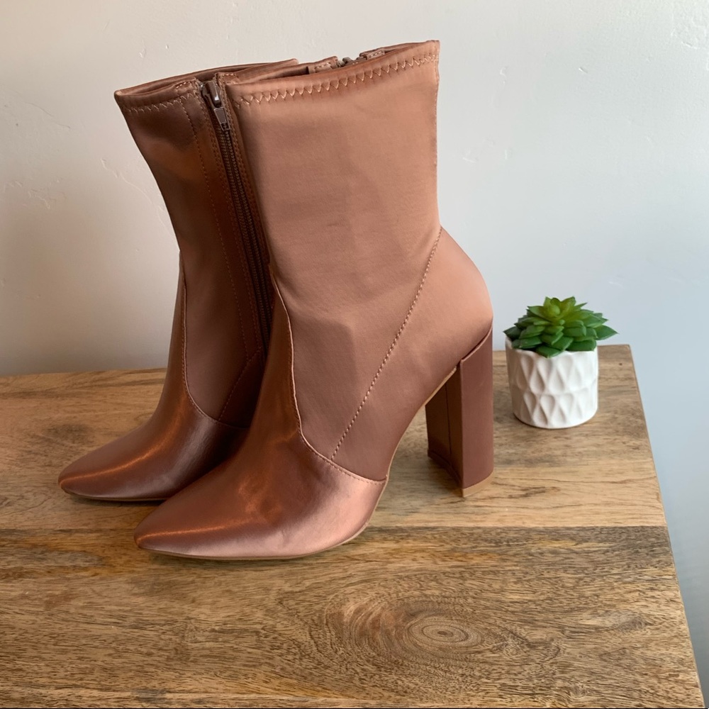 Blush satin pointed toe heeled fitted booties